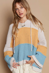 POL Color Block Long Sleeve Hooded Sweater Blue Mustard Multi OutfitFlow
